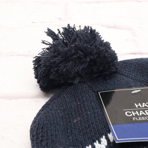 Chapeau Snowflake Winter Ski Beanie Hat Navy White Fleece Lined W/Top Pom - Picture 4 of 9